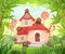Candy hut in thickets of wild jungle.. Sweet caramel fairy house. Summer cute landscape. Illustration in cartoon style