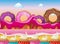 Candy land with donuts and pink ocean