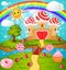 candy land with waffle and cream castle lollipops and berries. Cartoon style