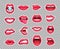 Candy lips patches. Vintage 80s fashion stickers with girl showing tongue and bitten lip with red lipstick. Sticker