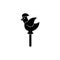 Candy lollipop. Silhouette cockerel. Sugar caramel. Bird with scallopon on stick. Black white illustration. Sweet cute treat.