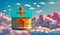 Candy looking house in the clouds. 3D render cartoon Illustration.. Real estate