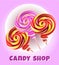 Candy set. Swirl caramel. Sweet lollipop.