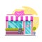 Candy shop concept. Flat design city public building with storefront and different interior design elements.