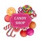 Candy shop label concept banner, realistic style