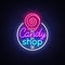 Candy shop logo in neon style. Store sweets neon sign, banner light, bright neon night sweets advertising. Design