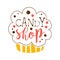 Candy shop logo. Sweet bakery emblem. Colorful hand drawn label