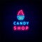 Candy shop neon signboard. Cupcake icon. Bakery logo. Luminous label. Isolated vector stock illustration