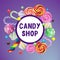 Candy shop poster. Colorful background with sweets - lollipops,hard candies and marshmallow twist on blue background.