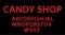 Candy shop. Red letters with luminous glowing lightbulbs. Vector typography words design. Bright signboard signage