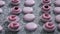 Candy store. Decoration of the French macaroons. The worker of a candy store in gloves adds cream and berries to a ready