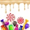 Candy Sweet Shop colourfull template set of different colors of candy, sweets, jelly beans with caramel drips