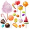 Candy vector sweet food dessert lollipop or caramel bonbon in confectionery or candyshop illustration set of candyfloss