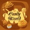 Candy world with chocolate, caramel,cream candy and pastry a vector flat poster.