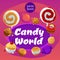 Candy world square banner with lollipops and candies, flat vector illustration.