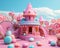 In a candyland generative fantasy of a small pastel colored candyhouse, there is turquoise and pink colored candyhouse.