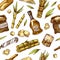 Cane sugar Seamless pattern. Sugarcane plants. Stalks and bottle of rum, Wooden plate spoon, Cubes and juice, Bamboo