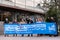 CANGAS, PONTEVEDRA, SPAIN - May 01, 2022: labour day protesters with blue banner outside the town hall