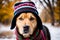 A canine adorned in winter attire, complete with a hat and scarf, frolicking amidst the snowy landscape.