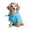 Canine in a Blue Veterinarian Costume on a White Background. Generative AI