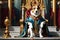 Canine Royalty: Humanoid Dog Adorned in Regal Robes Perches Atop an Ornate Throne, Scepter in Paw, Surrounded by Grandeur