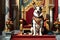 Canine Royalty: Humanoid Dog Adorned in Regal Robes Perches Atop an Ornate Throne, Scepter in Paw, Surrounded by Grandeur