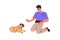 Canine specialist giving command to puppy. Professional dog trainer gesturing with hand palm, teaching, training doggy