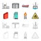 Canister for gasoline, gas station, tower, warning sign. Oil set collection icons in cartoon,outline style vector symbol