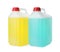 Canisters of cleaning detergents on white background. Household care