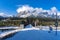 Canmore Engine Bridge in early winter season sunny day morning. Canmore, AB, Canada.