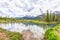 Canmore`s Three Sisters mountain peaks at Policeman Creek in the Canadian Rockies