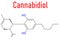 Cannabidiol or CBD cannabis molecule. Has antipsychotic effects. Skeletal formula.
