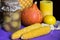 Canned apricots, pumpkin, corn, lemon, candle, eco fruits vegetables