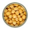 Canned chickpeas, large light tan chick peas in a can from above