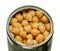 Canned chickpeas, large light tan chick peas in an opened tin can