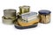 Canned fish in different sealed tin cans and glass jar