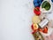 Canned food, rice, eggs, fruits and vegetables on a white background