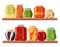 Canned foods in glass jars on wooden shelves. Long-term food storage. Vector illustration
