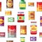 Canned goods and food in metal container vector seamless pattern