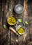 Canned green peas in a tin can with opener.