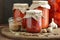 Canned kidney bean in tomato paste in glass plastic free jar on rustic table, closeup,
