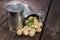 Canned Mushrooms on wood