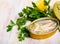 Canned natural mollusks Solen with parsley and lemon
