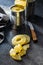 Canned sliced pineapple fruit on black table