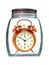 Canned time concept.Retro Alarm Clock preserved in transparent g