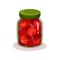 Canned tomatoes in glass jar with green lid. Natural homemade product. Marinated vegetables in transparent bank. Flat