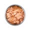 Canned Tuna Isolated, Albacore Fish Chunks in Open Tin Can, Tuna Oil Preserve, Seafood Conserve