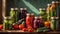 Canned various vegetables glass jars on a kitchen background gourmet product