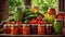 Canned various vegetables glass jars on a kitchen background gourmet product vegan