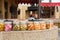 Canned vegetables and fruits on the tables at the arabian kitchen